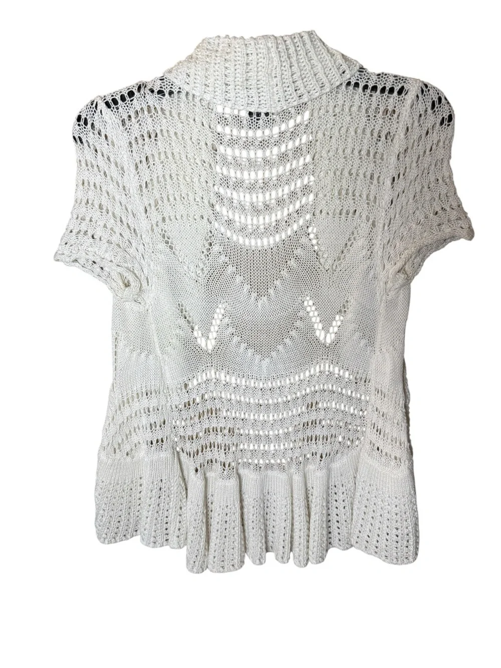 Say What? White Open-Knit Short Sleeve Draped Collar Boho Cardigan Size Small - Picture 4 of 6